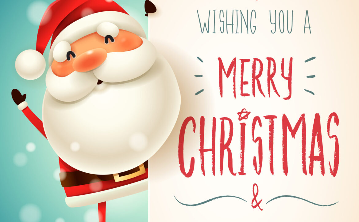 Santa,Claus,With,Big,Signboard.,Merry,Christmas,Calligraphy,Lettering,Design.