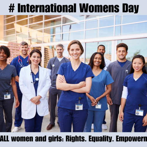 International Womens Day A picture of women and men in the healthcare profession. Five women at the front and four men in the background.
