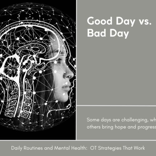 Daily Routines and Mental Health OT Strategies That Work Outline of a skull and brain on a black and white star-filled background. On the front of the skull is a photo of a woman's face. The woman is deep in thought. The text reads Good Day vs Bad Day. Some Days are challenging while others bring hope and progress.