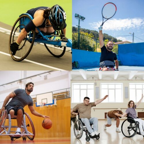 Accessible Activities Image Four images in a collage. The top left image shows a woman racing in a wheelchair adapted cycle. The top right image is a man playing wheelchair tennis. Bottom left is a man in a wheelchair bouncing a basketball. The final image is a trio dancing together, two in wheelchairs and one standing.