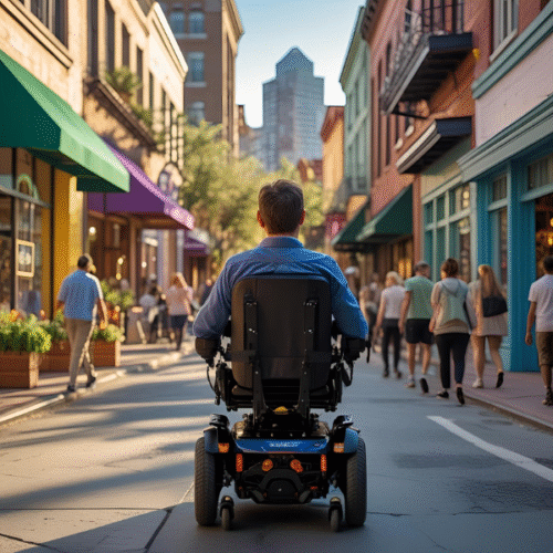 Out in the Community in Wheelchair A picture of man travelling down a high street in his powerchair after undergoing a 10 year program of complex brain injury rehabilitation with his occupational therapist and MDT